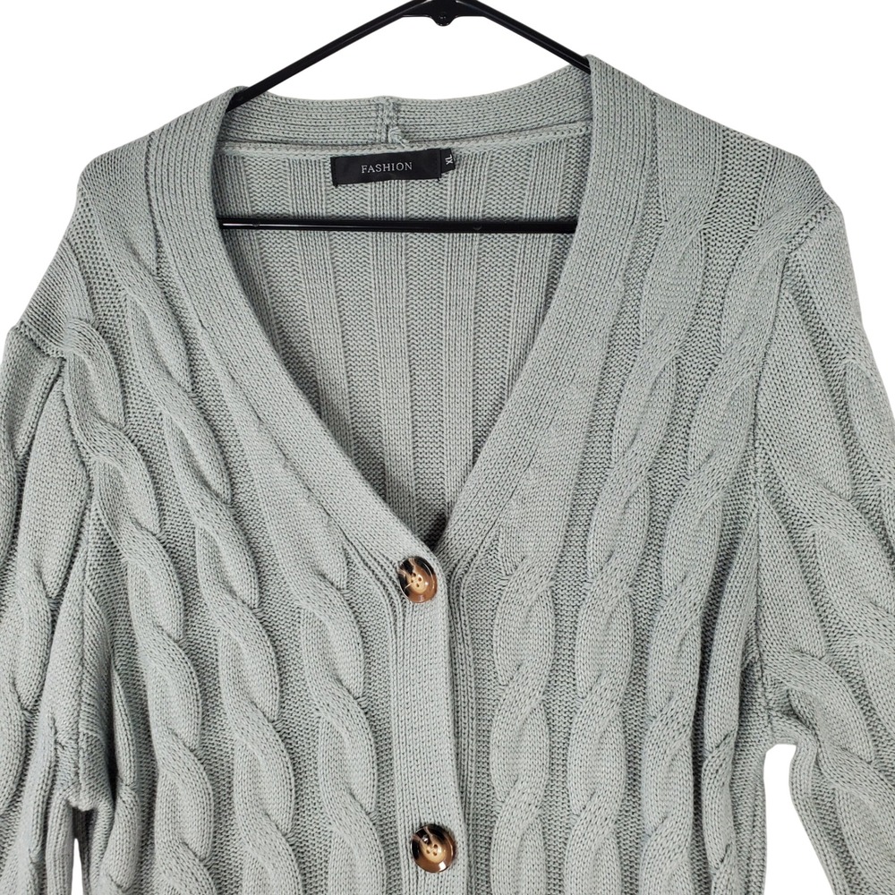 Fashion Sage Green Cable Knit Longline Cardigan Button Front Sweater XL
